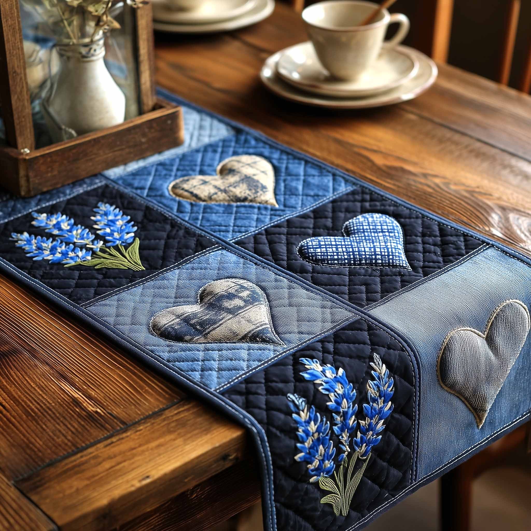 Blue Hearts with Bluebonnets Table Runner