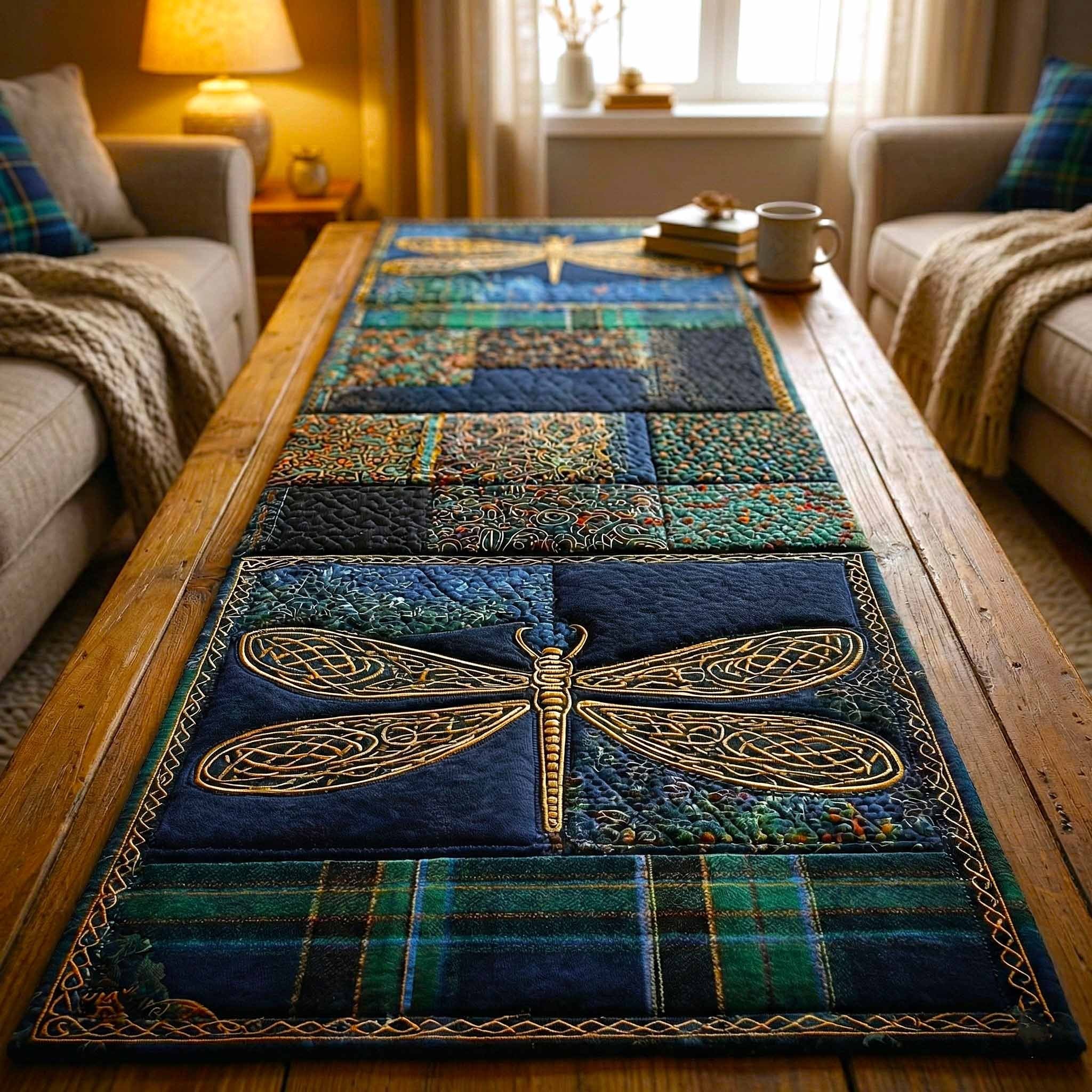 Dragonfly on Plaid Patchwork Squares Table Runner