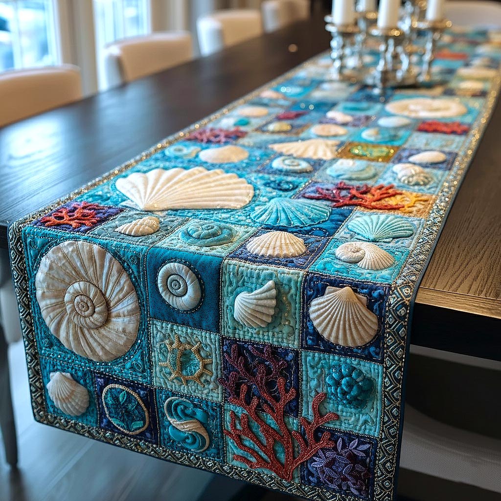 Seashells and Coral on Turquoise Squares Table Runner