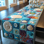 Seashells and Coral on Turquoise Squares Table Runner