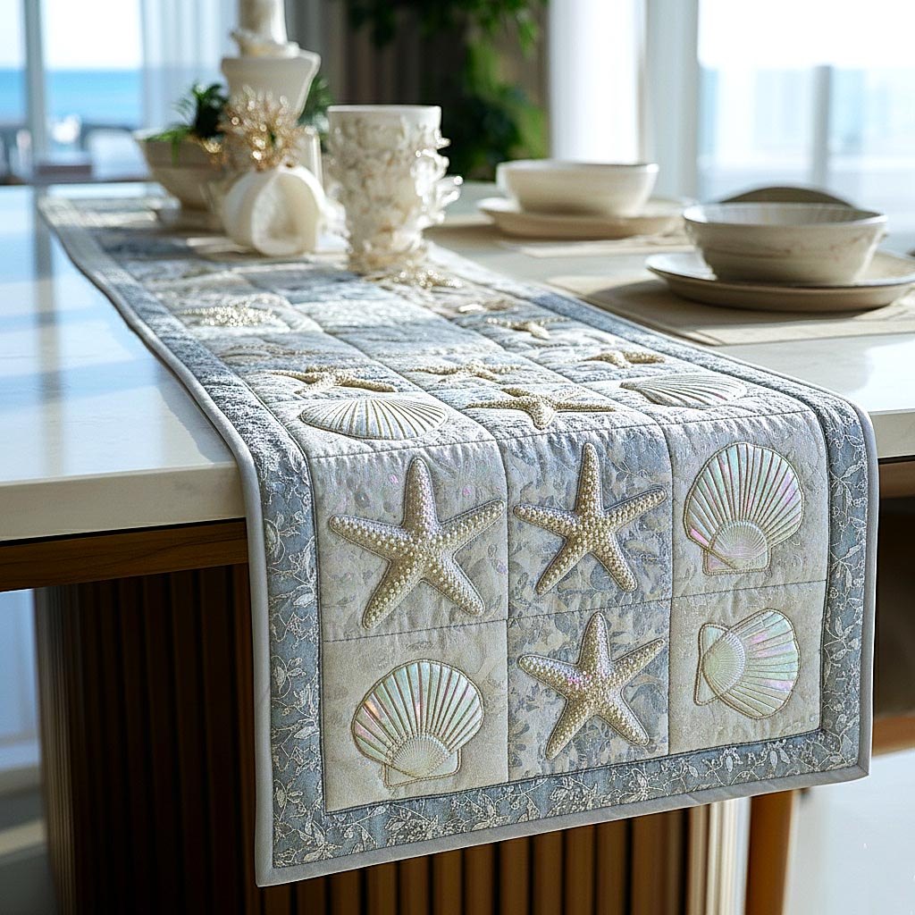 White Starfish and Shells on Ivory Table Runner