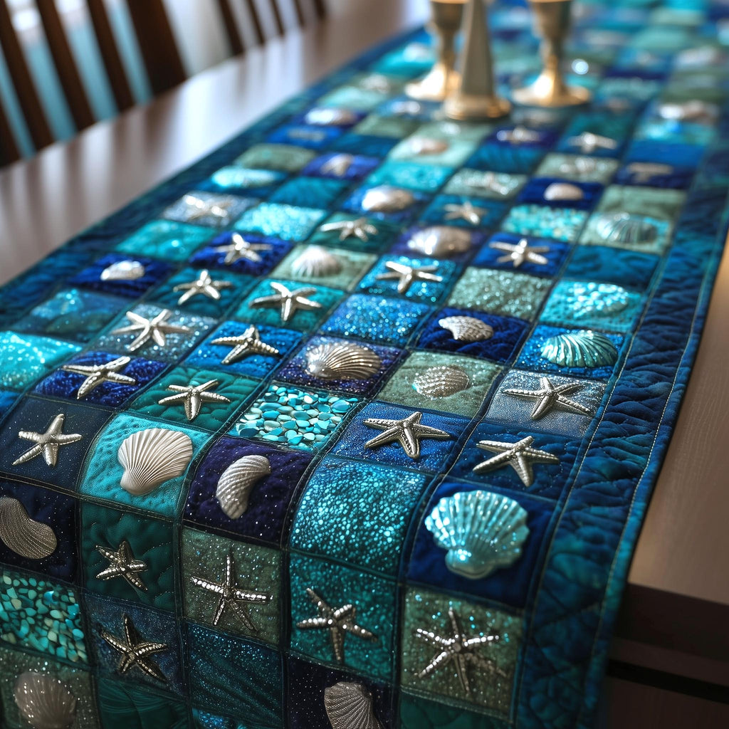 Starfish and Shell Squares on Teal Table Runner