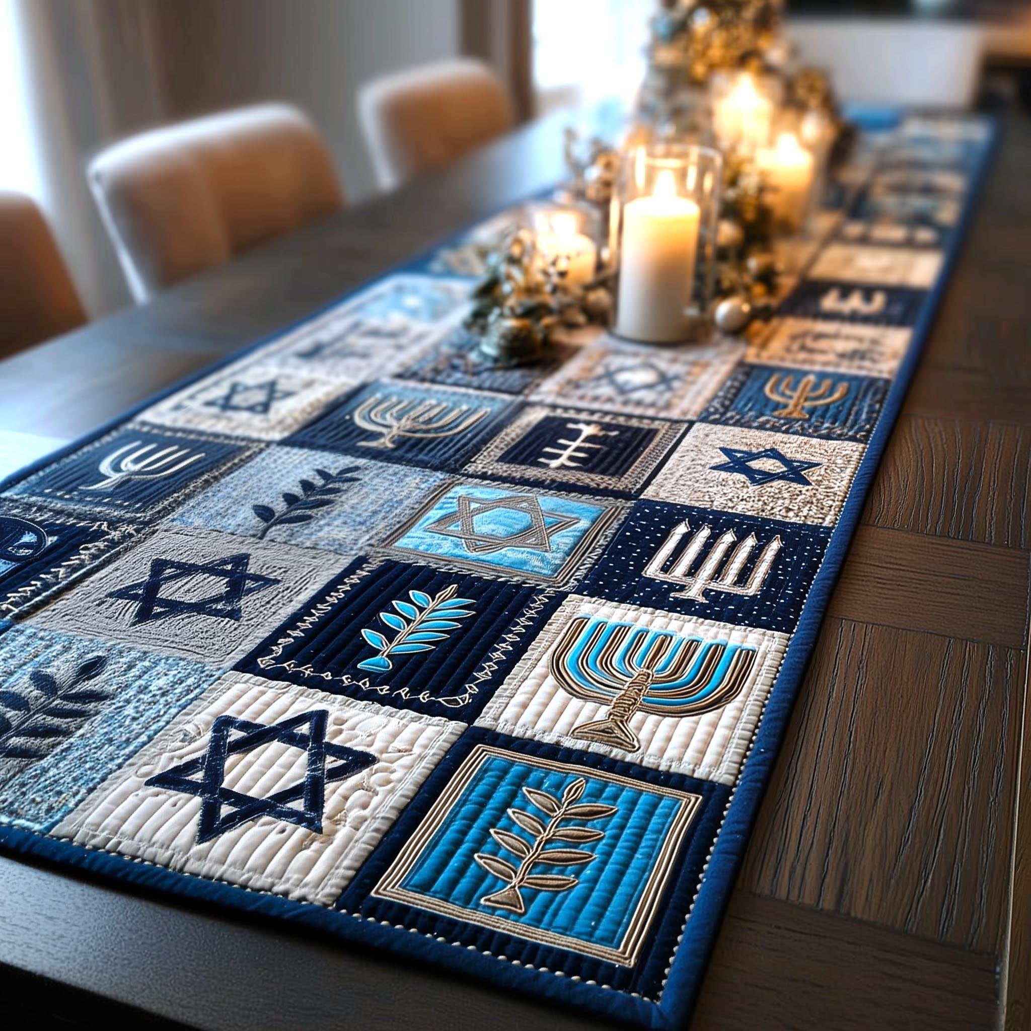 Menorah and Star Blocks in Blue Table Runner