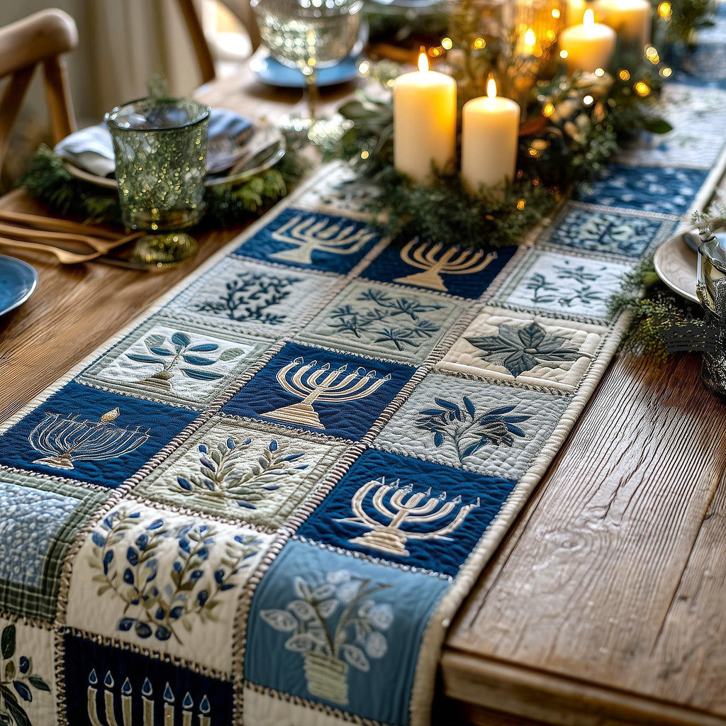 Blue and White Menorah Patchwork Squares Table Runner