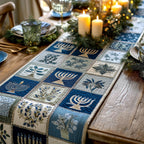 Blue and White Menorah Patchwork Squares Table Runner