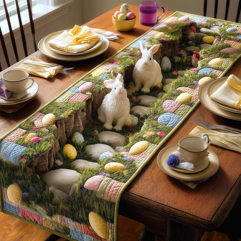 White Rabbits Beside a Stone Path Table Runner