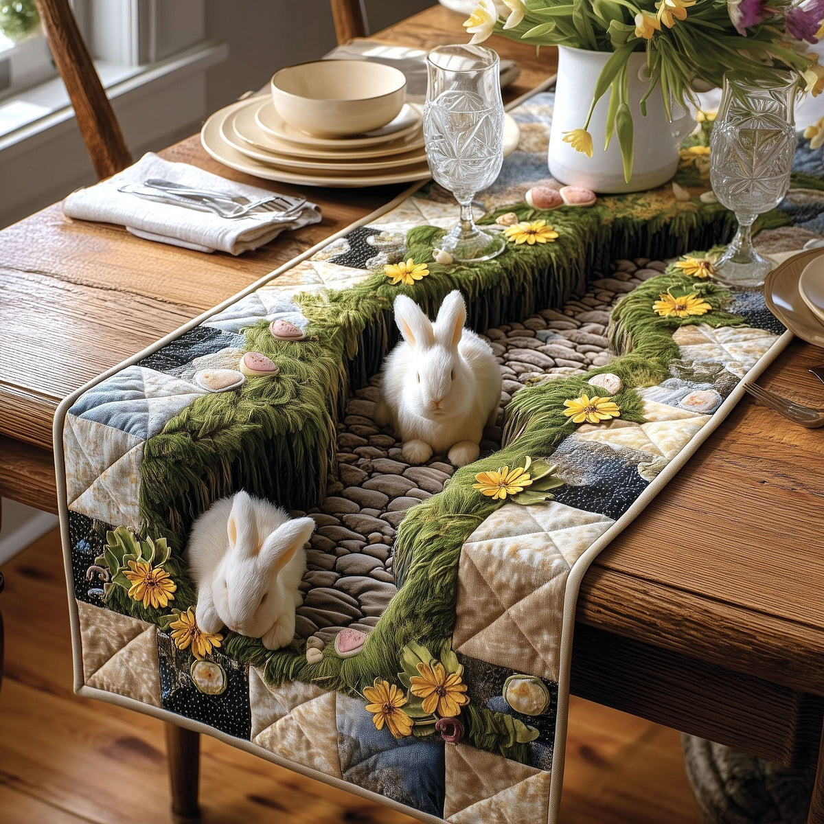 White Rabbits on Green Garden Path Table Runner