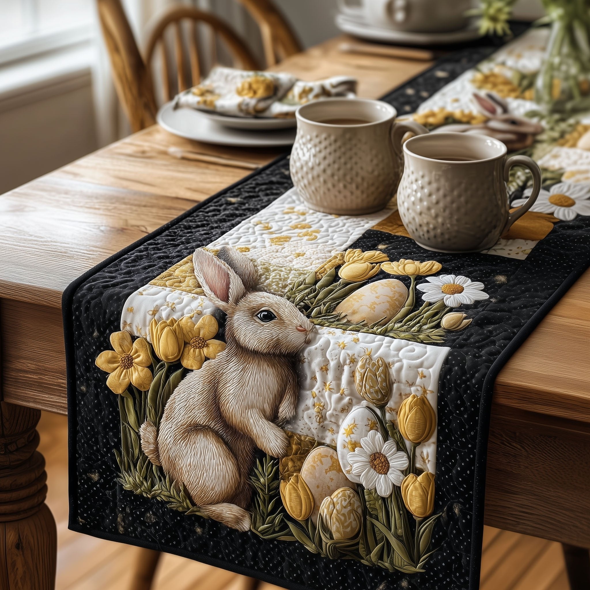 Bunny with Daffodils on Black Table Runner