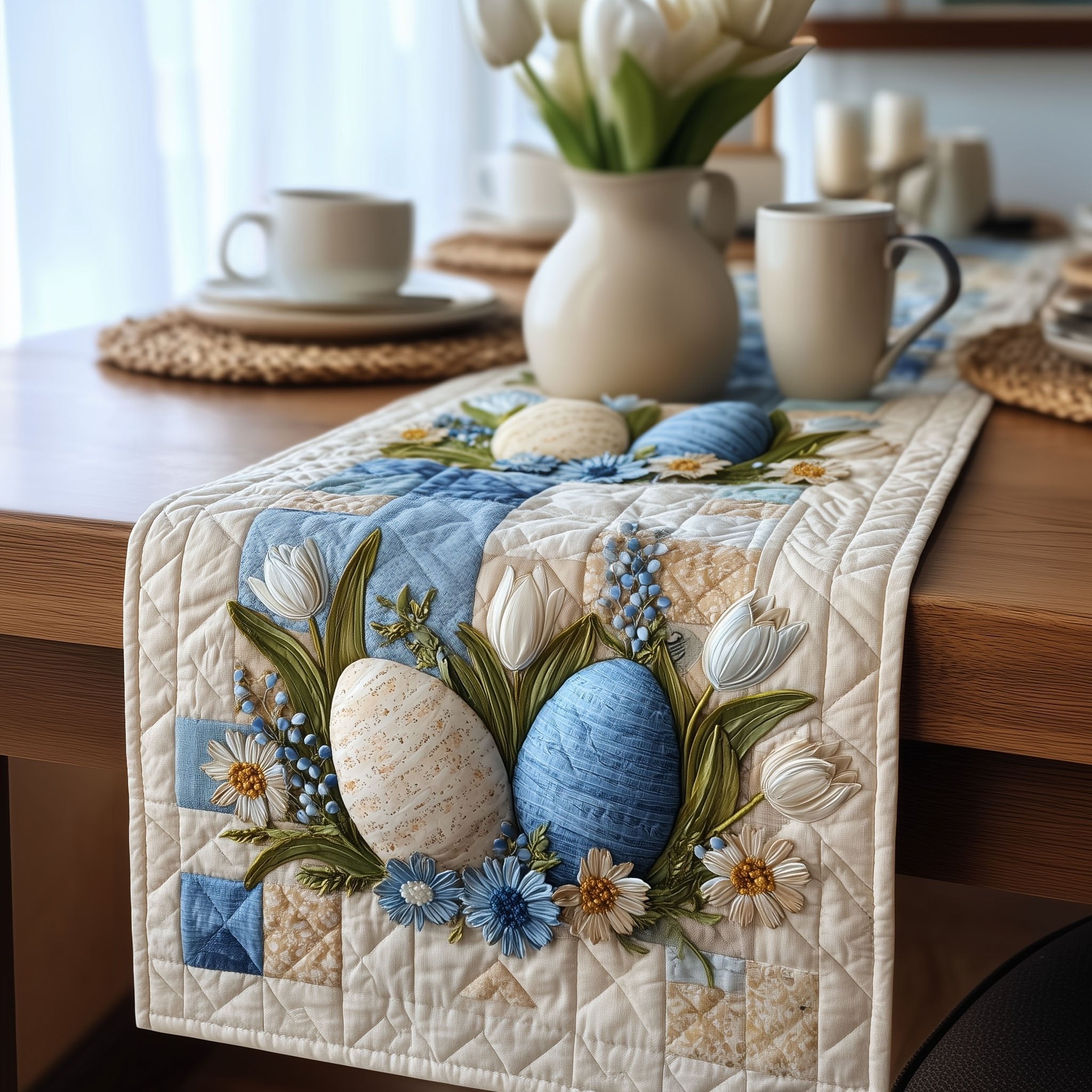 Blue Eggs with Flowers on Cream Table Runner