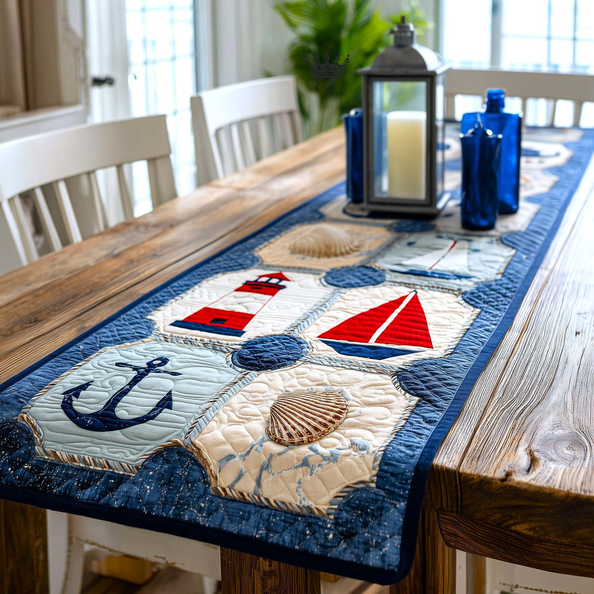 Sailboat Anchor and Shell on Blue Table Runner