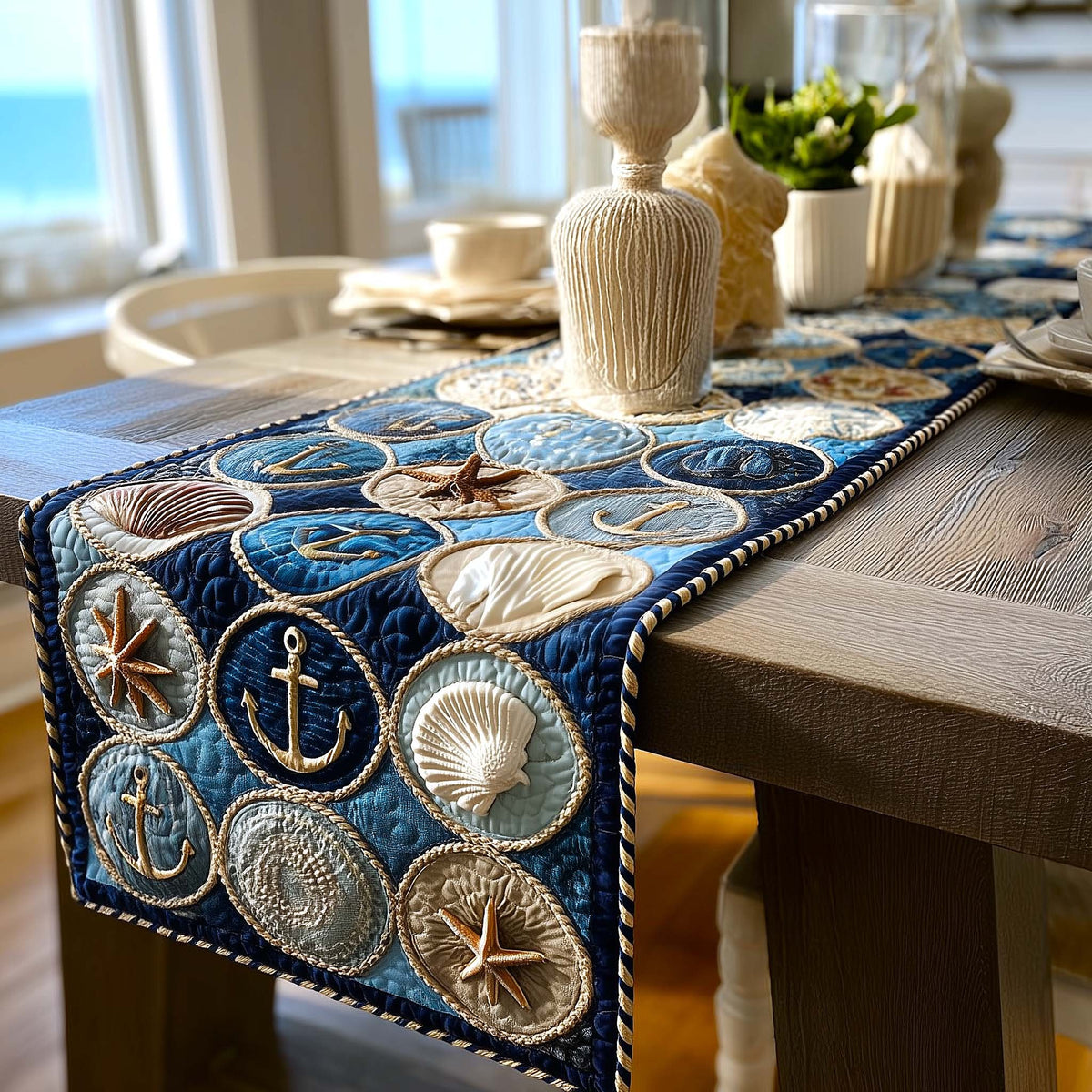 Nautical Medallions on Navy Border Table Runner
