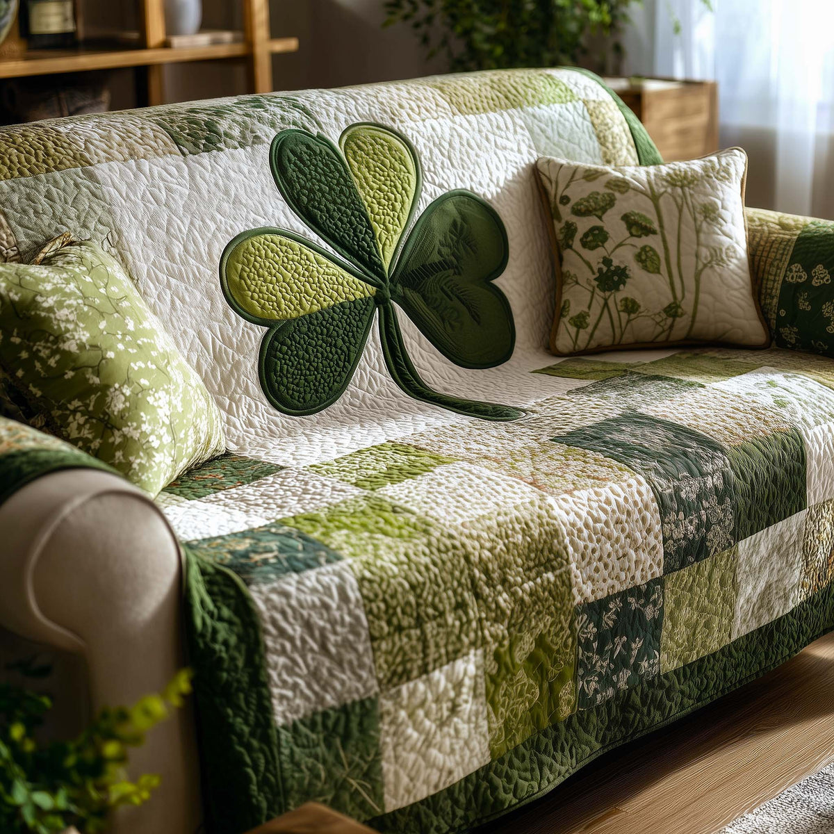 Single Shamrock on Green Patchwork Sofa Cover