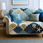 Blue Scallop Shells in Ivory Arches Sofa Cover