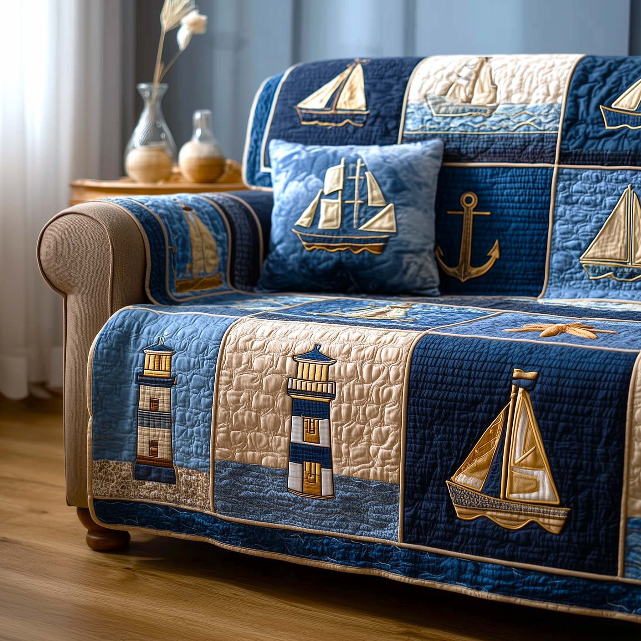 Lighthouse and Schooner on Denim Sofa Cover