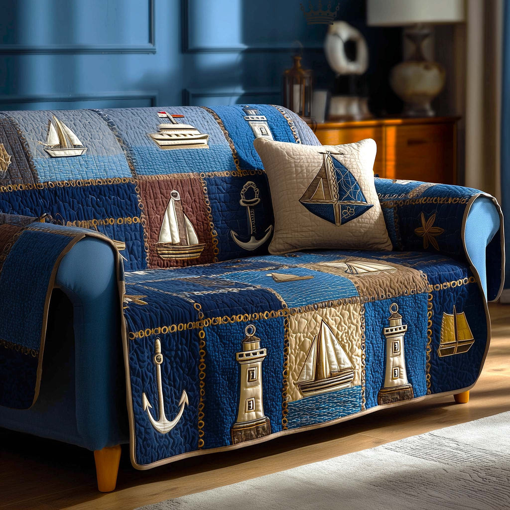 Anchors and Lighthouses in Navy Panels Sofa Cover