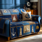 Anchors and Lighthouses in Navy Panels Sofa Cover