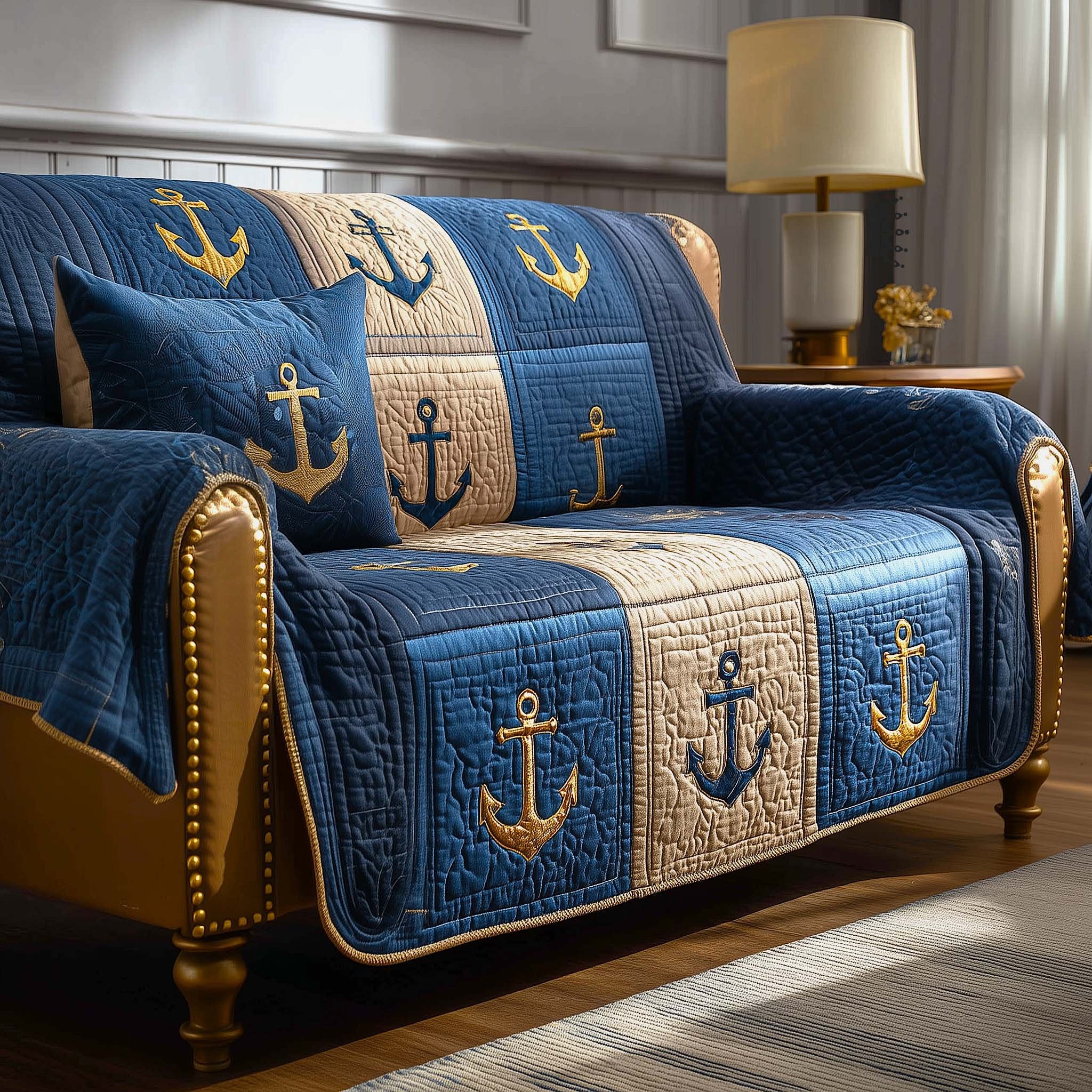 Golden Anchors on Denim Blue Sofa Cover