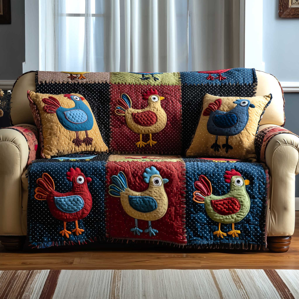 Folk Art Hens in Bright Blocks Sofa Cover