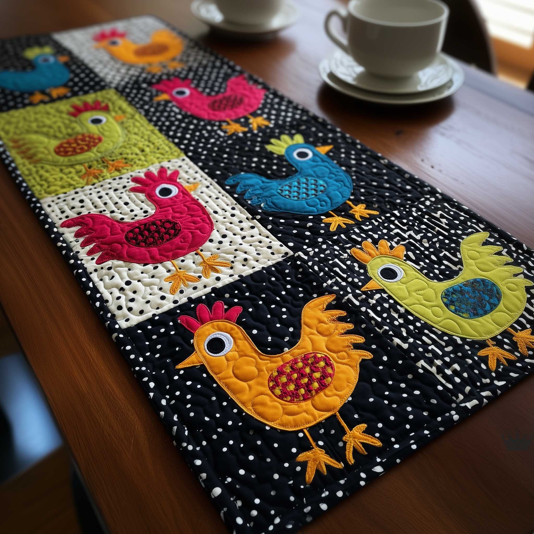 Bright Chickens on Black Dots Table Runner