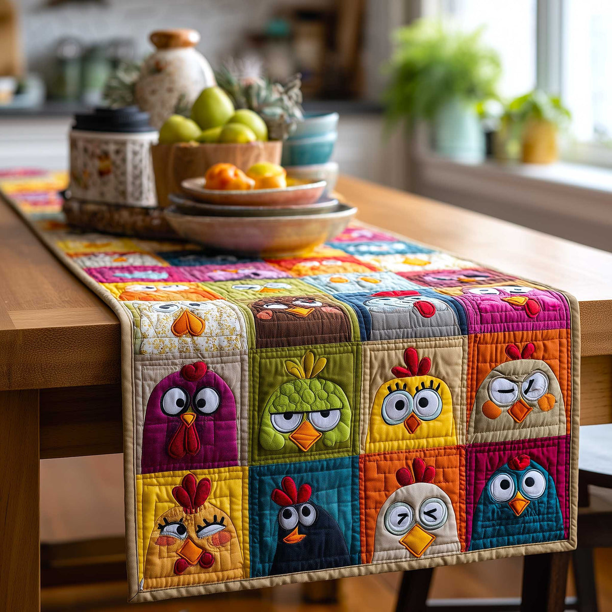 Cartoon Chicken Faces in Bright Blocks Table Runner