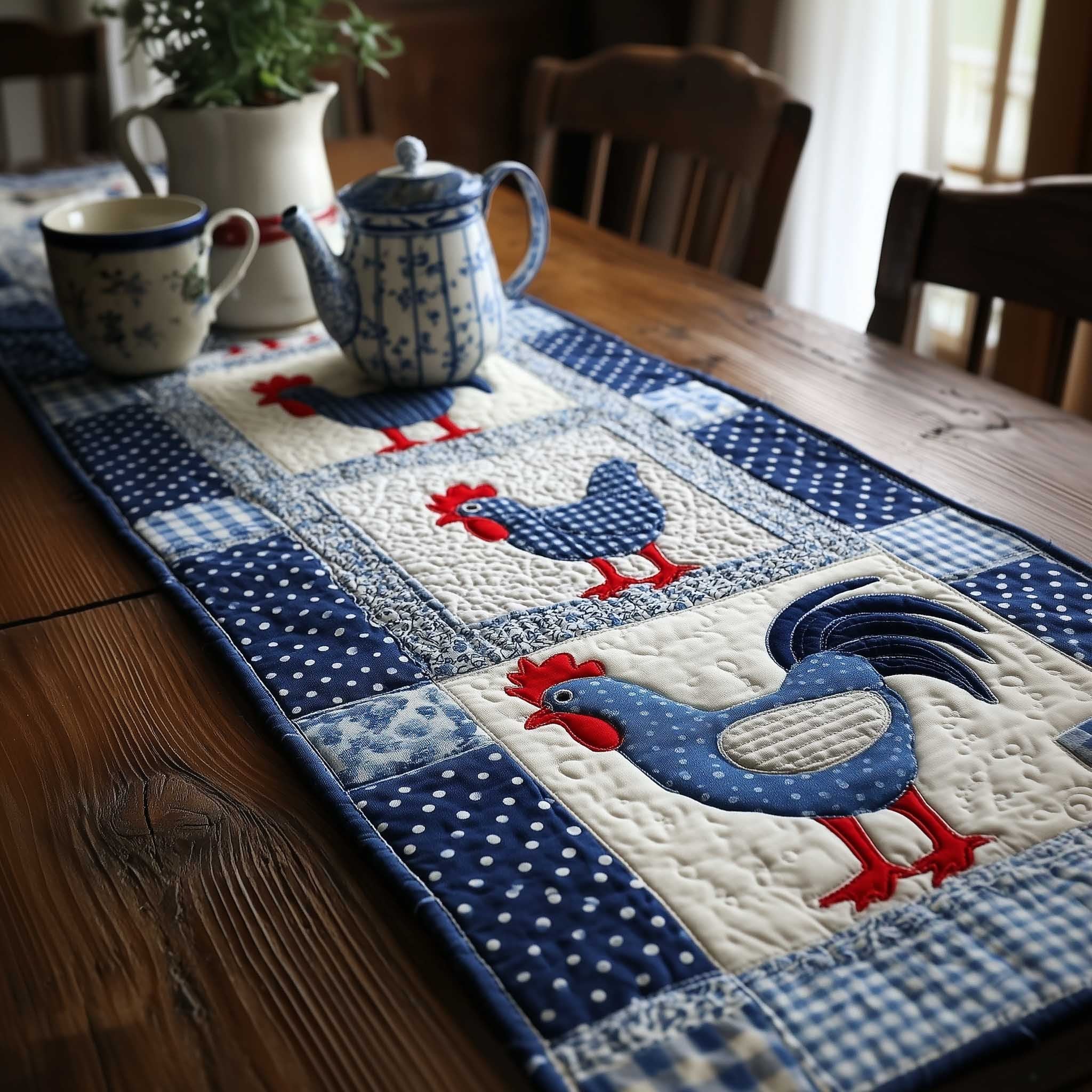 Red Roosters on Blue Gingham Table Runner