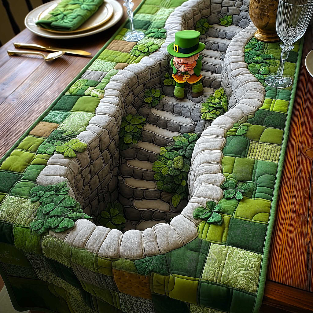 Stone Well on Green Patchwork Table Runner