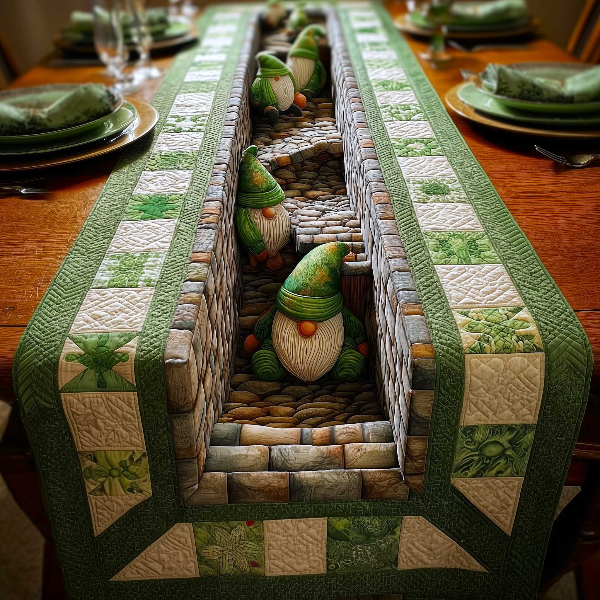 Gnomes in Stone Tunnel with Clovers Table Runner