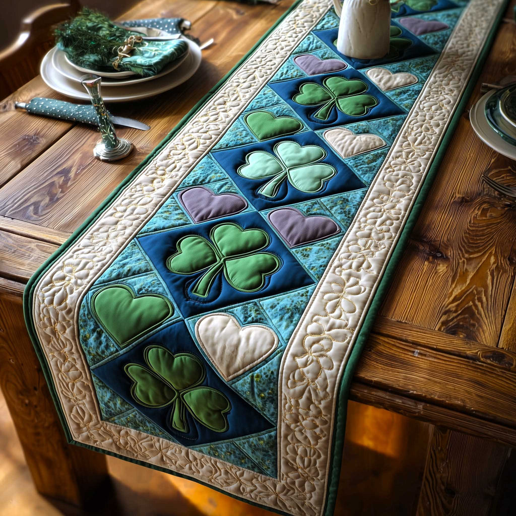 Clover Hearts on Blue Squares Table Runner