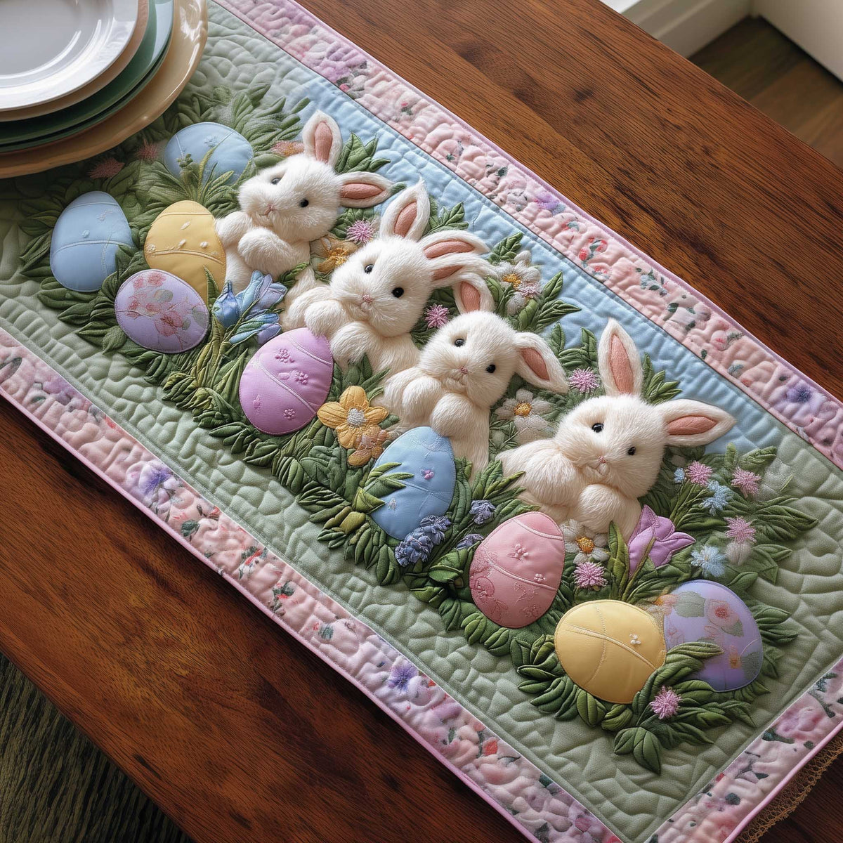 White Bunnies with Pastel Easter Eggs Table Runner