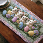White Bunnies with Pastel Easter Eggs Table Runner