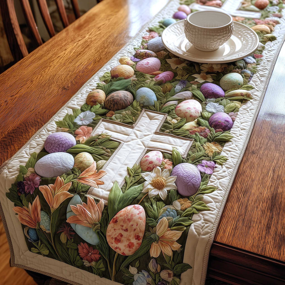 White Cross with Eggs and Flowers Table Runner