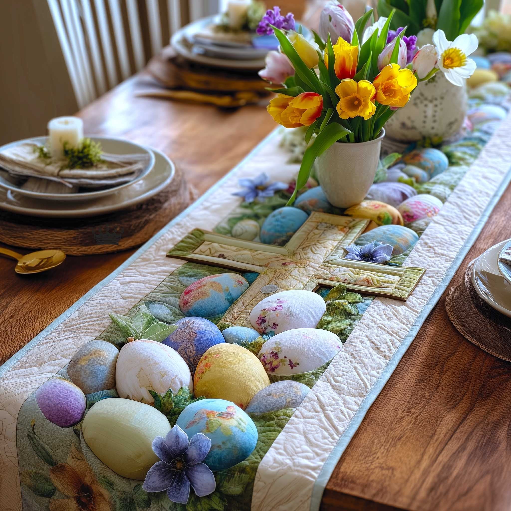 Pastel Eggs on White Panel Table Runner