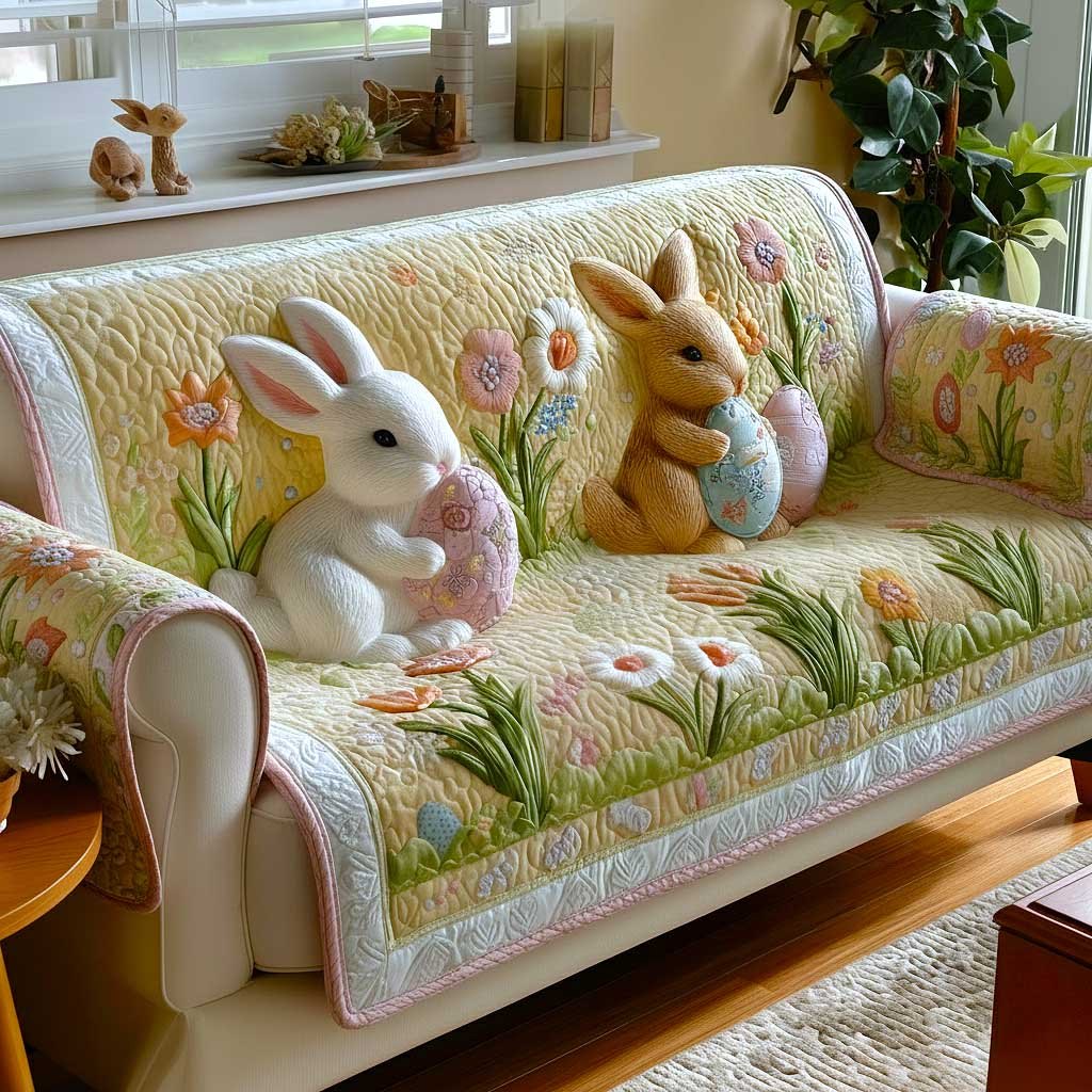 Bunnies and Easter Eggs on Green Grass Sofa Cover