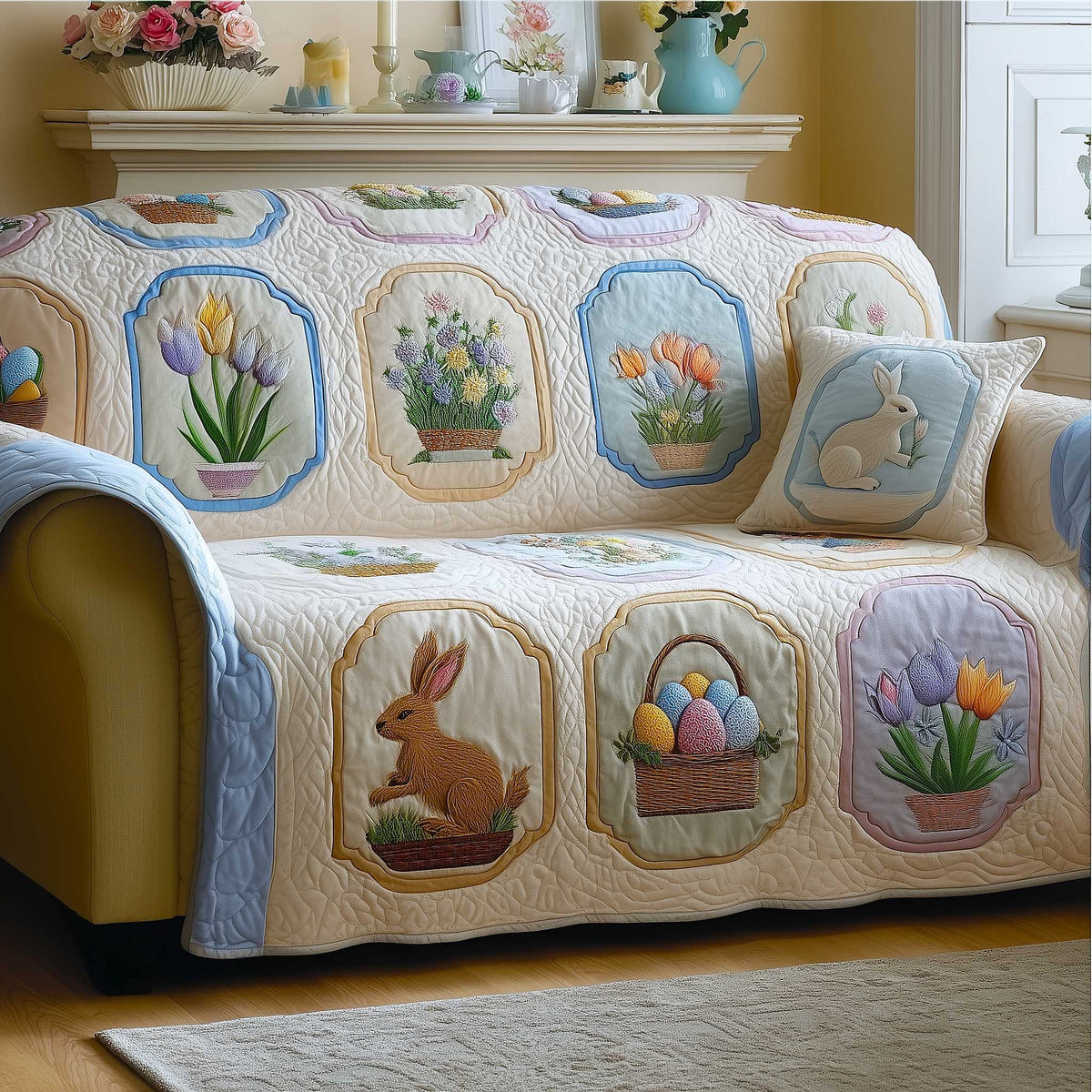 Bunny and Basket Panels in Cream Sofa Cover