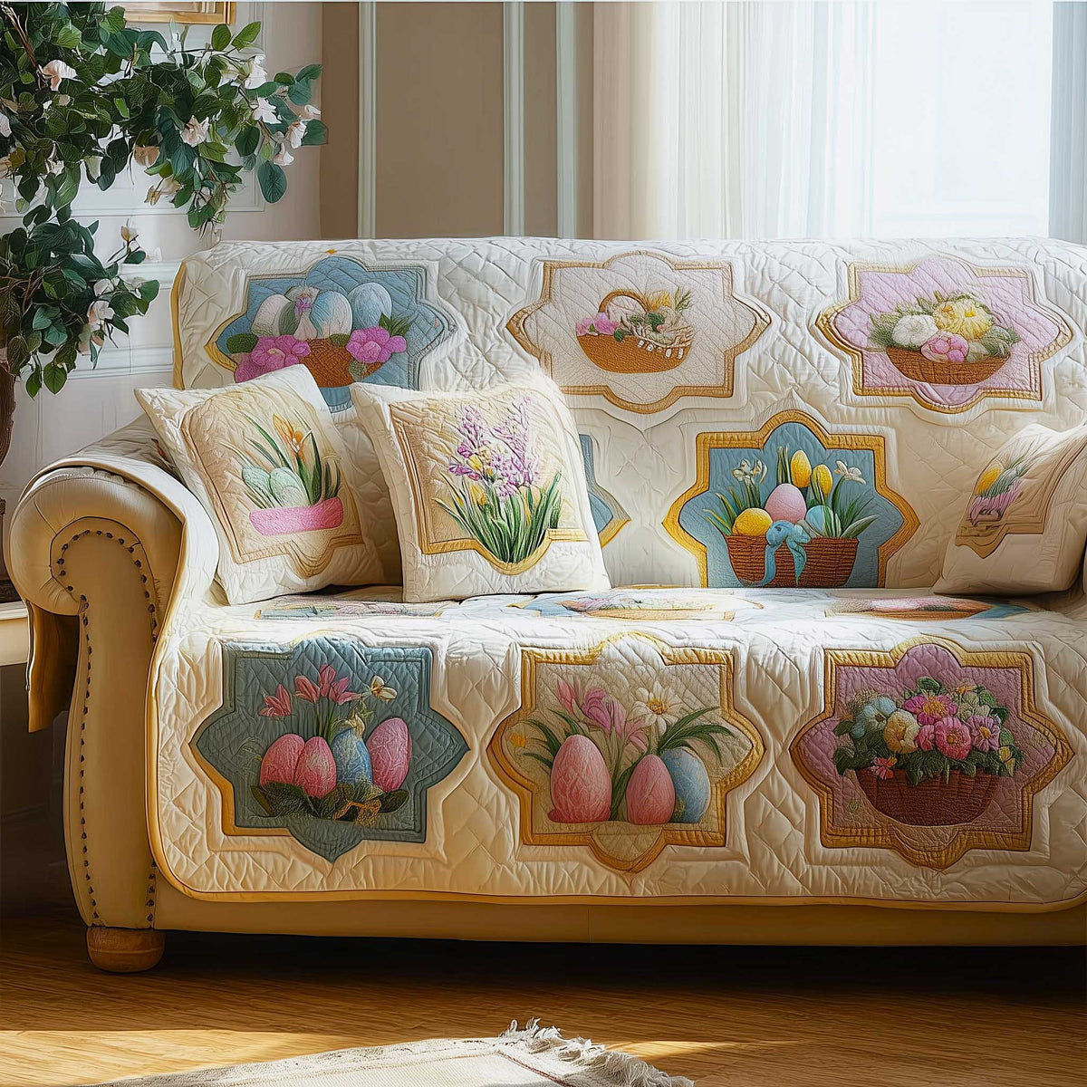 Egg Baskets and Tulips in Ivory Frames Sofa Cover