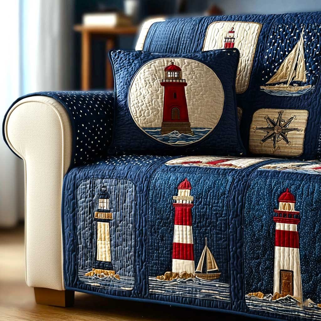 Lighthouses and Sailboats on Navy Sofa Cover