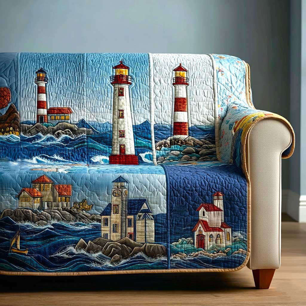Striped Lighthouse on the Rocky Coast Sofa Cover