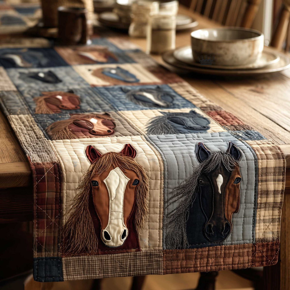 Two Horse Heads on Plaid Patchwork Table Runner