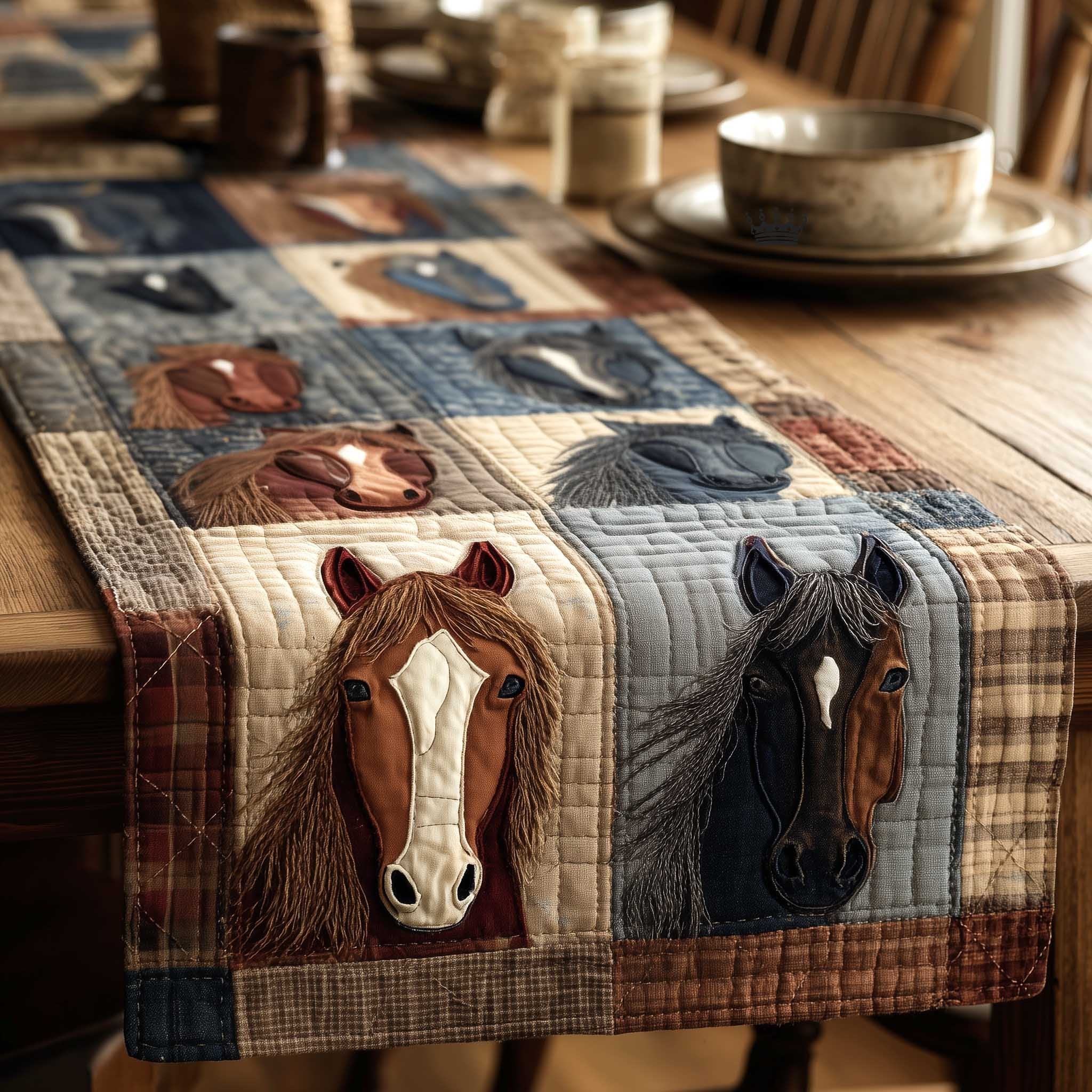 Two Horse Heads on Plaid Patchwork Table Runner