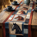 Horse Portraits with Red and Blue Frames Table Runner