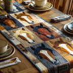 Four Horse Heads on Blue Plaid Table Runner
