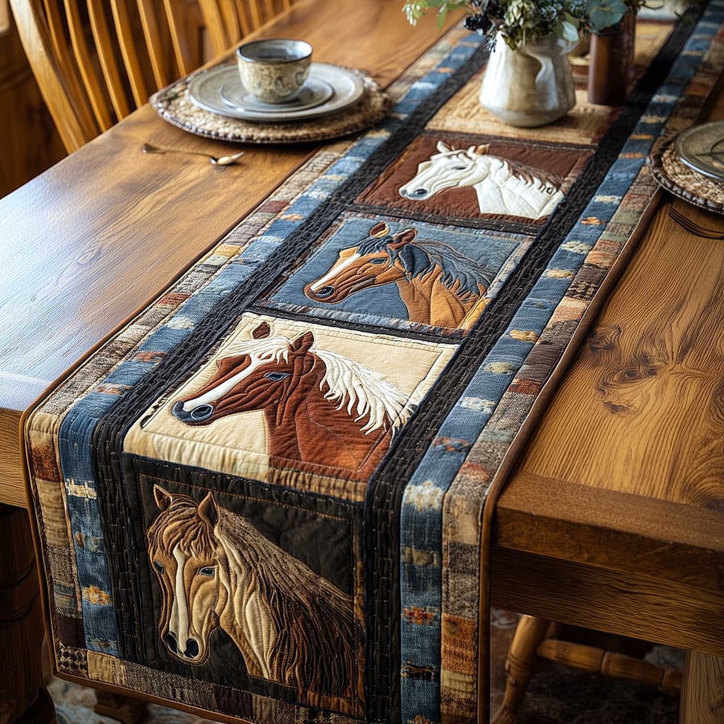 Horse Heads on Denim Blue Panels Table Runner