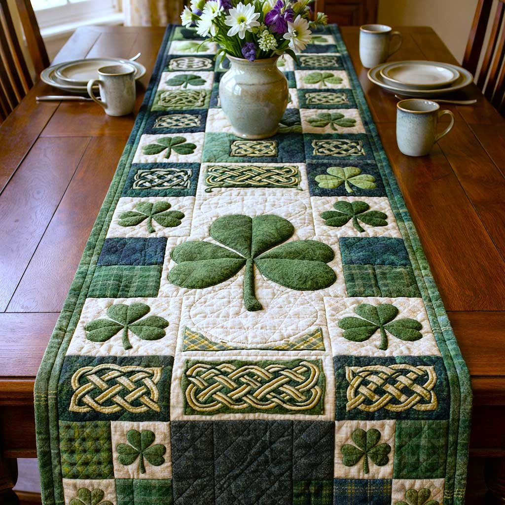 Green Shamrock and Celtic Knot Squares Table Runner