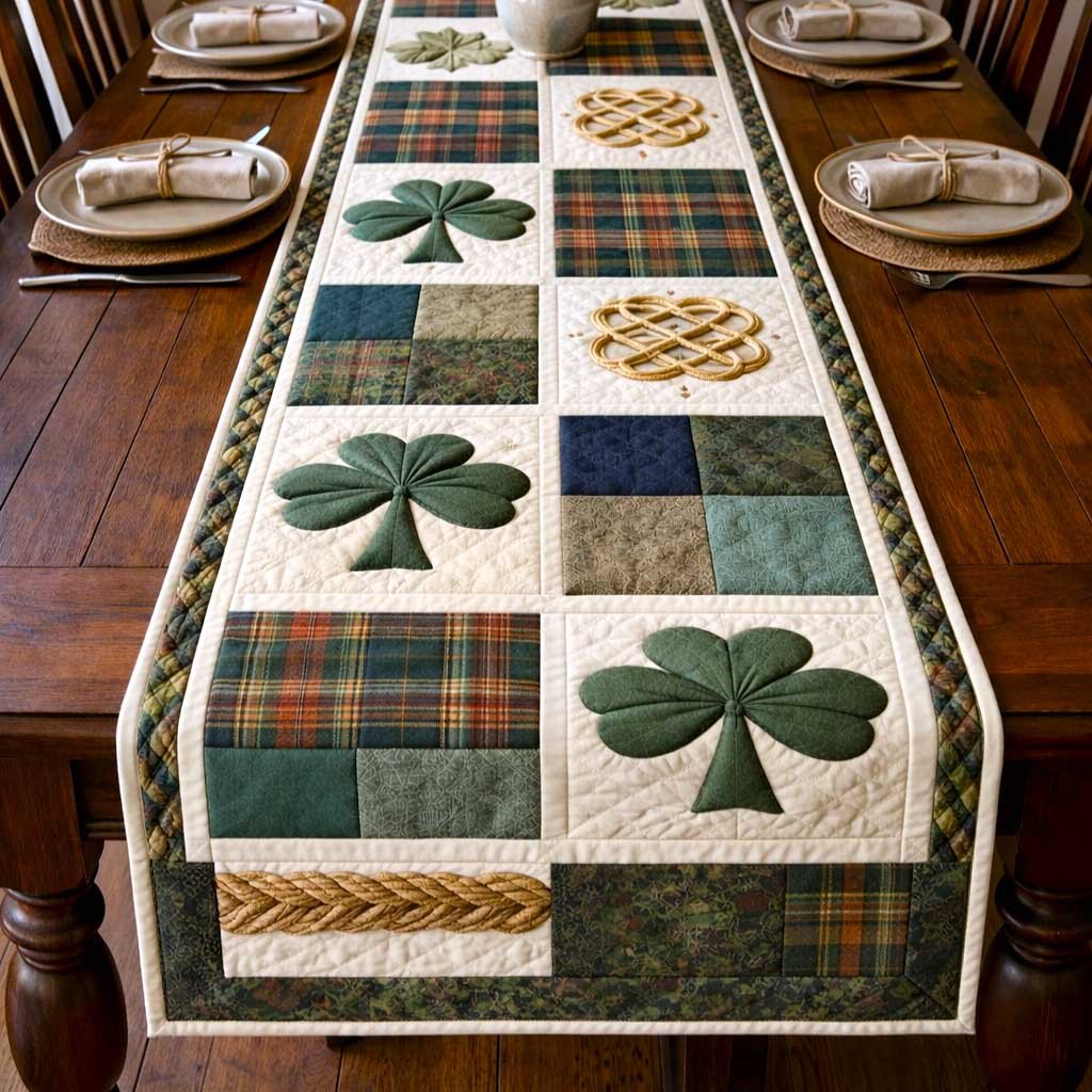 Shamrocks on Cream and Plaid Squares Table Runner