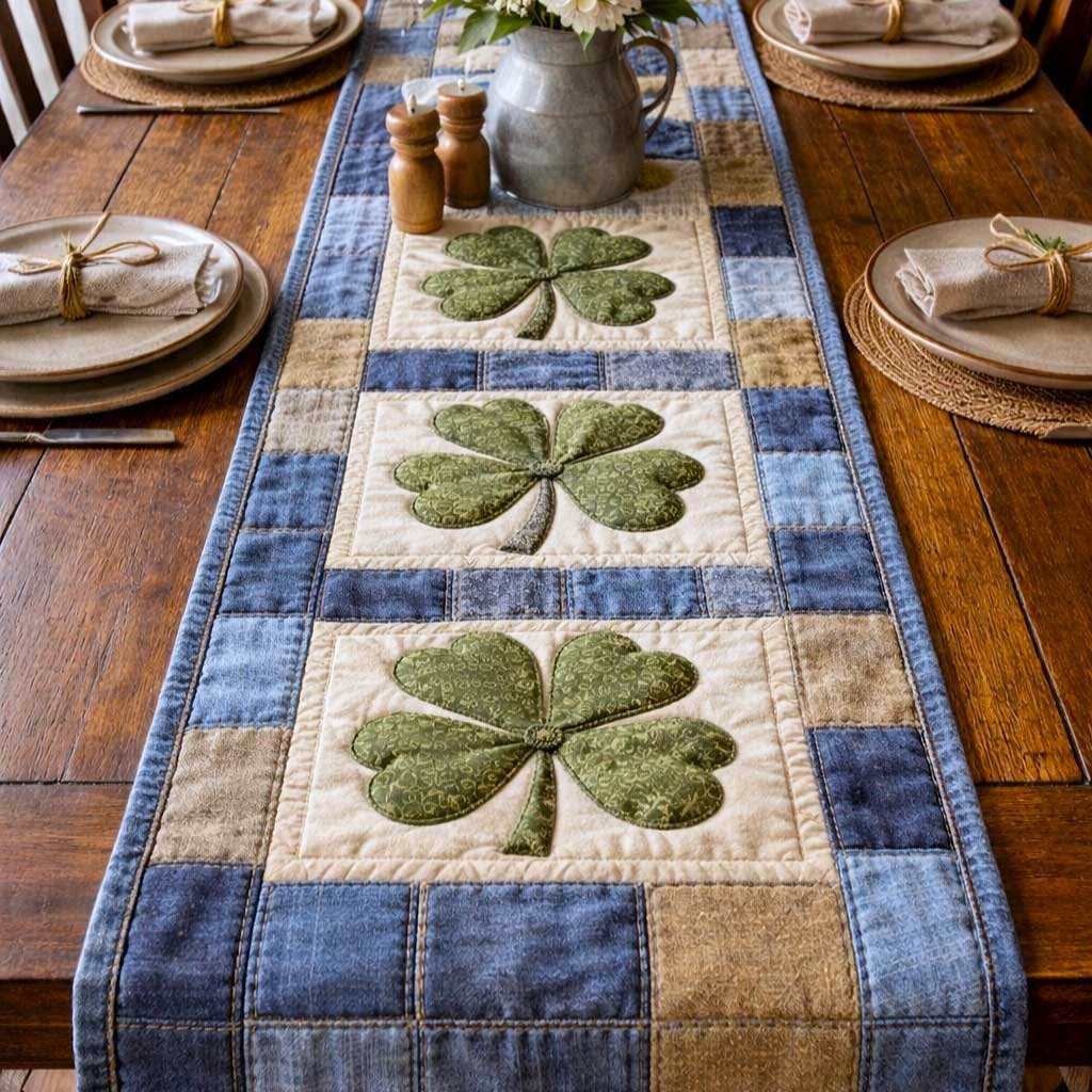 Sage Shamrocks on Blue Denim Blocks Table Runner