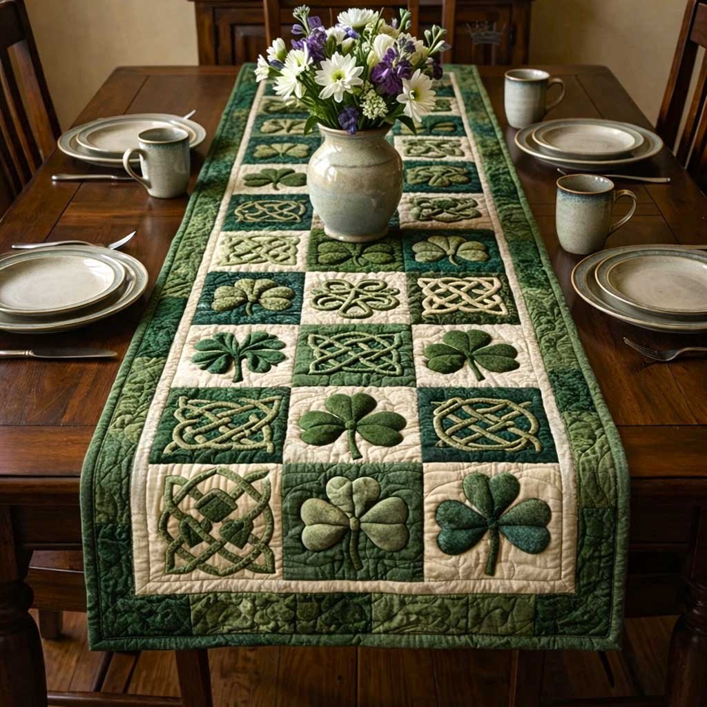 Shamrocks in Woven Green Blocks Table Runner