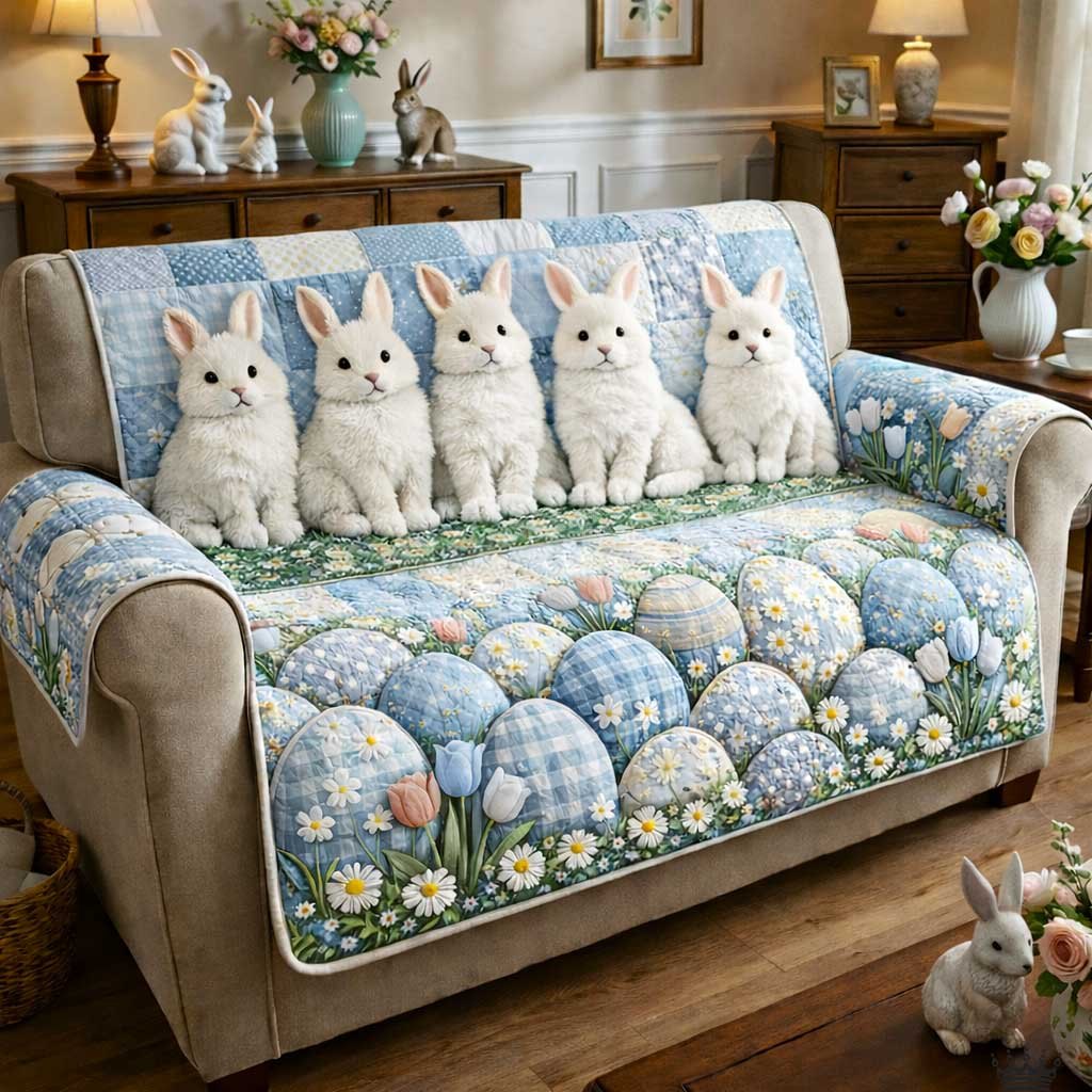 White Bunnies Above Blue Gingham Eggs Sofa Cover