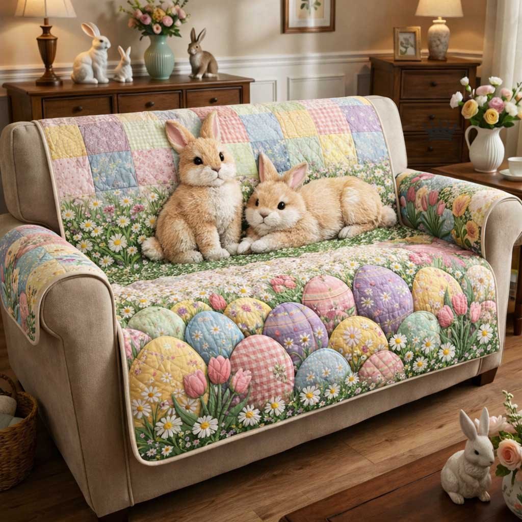Two Tan Bunnies Over Pastel Eggs Sofa Cover