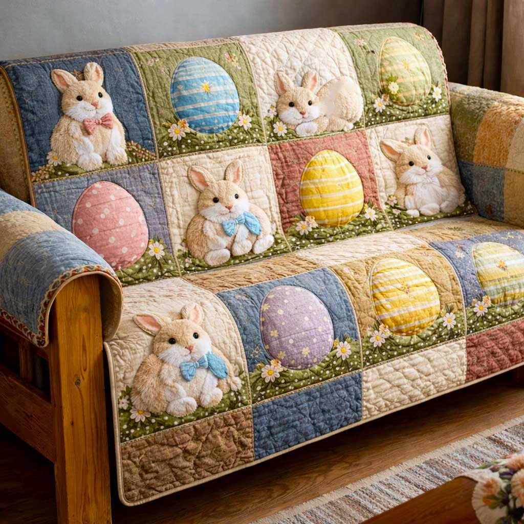 Bunny Holding an Egg in the Meadow Sofa Cover