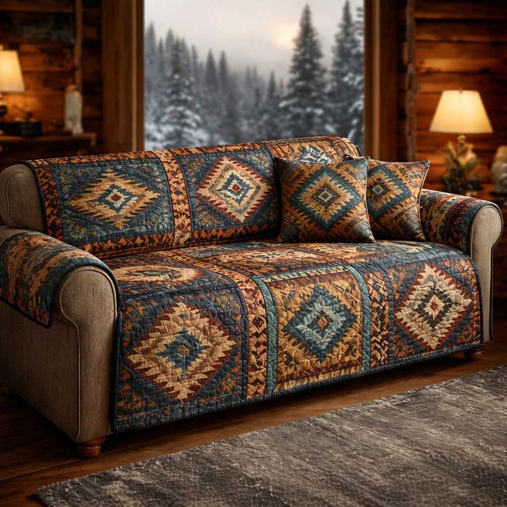 Aztec Diamonds in Rust and Indigo Sofa Cover